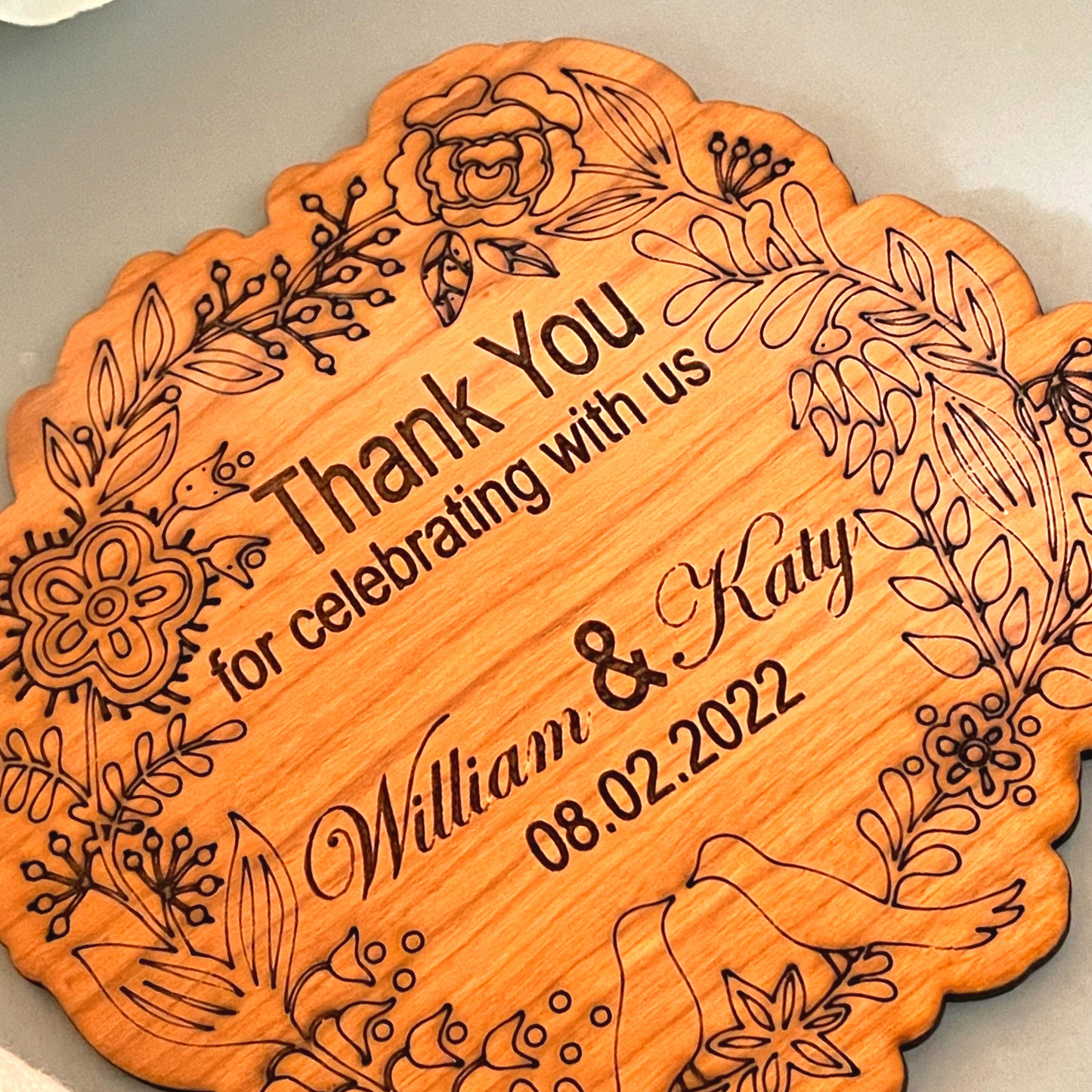 Wooden Floral Ribbon Thank You Card For Wedding Decoration