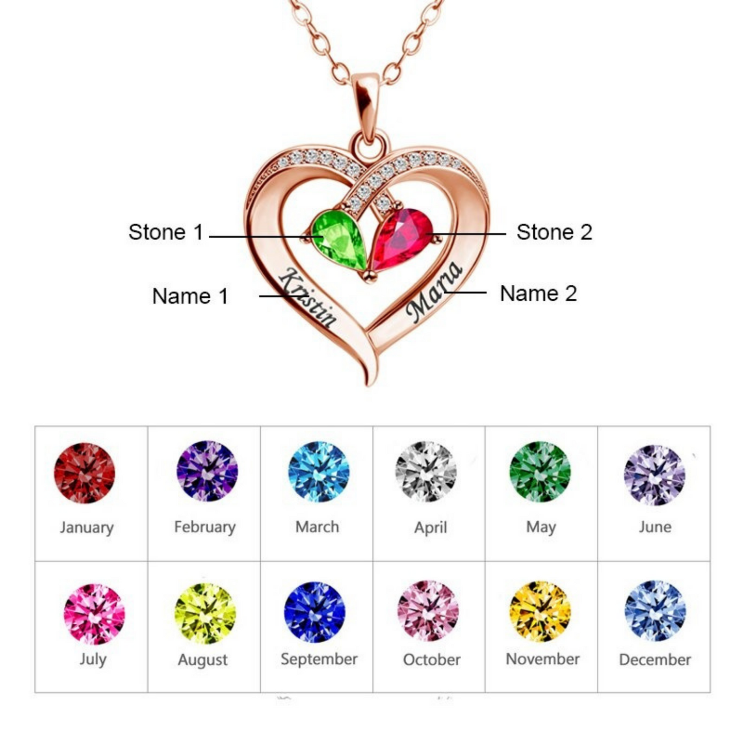 Personalized Engraved Necklace With 2 Birth Stones
