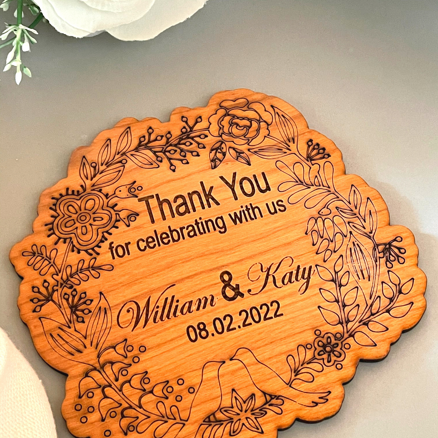 Wooden Floral Ribbon Thank You Card For Wedding Decoration