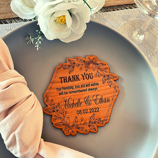 Wooden Floral Hexagone Thank You Card For Wedding Decoration